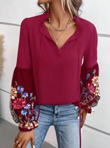 SHEIN Clasi 印花燈籠袖繫帶領襯衫