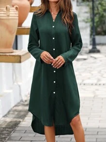 SHEIN LUNE 捲邊袖弧形下擺襯衫洋裝 - 墨綠色 - 查看 6