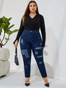 SHEIN Frenchy Plus Ripped Skinny Jeans - Dark Wash - View 1