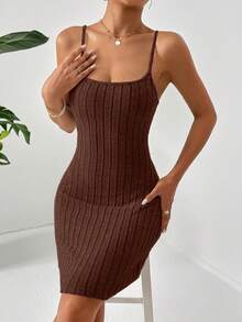 SHEIN Essnce 素色露背吊帶緊身洋裝 - 巧克力棕 - 查看 3