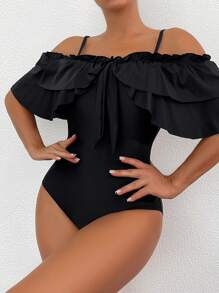 Ruffle Trim Tie Front One Piece Swimsuit - Black - View 3