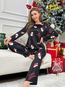 Christmas Print Tee & Pants PJ Set, Fall Winter Clothes - Black - View 3