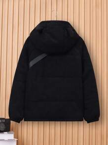 SHEIN Tween Boy Zip Up Patch Detail Hooded Padded Coat Without Sweater - Black - View 2