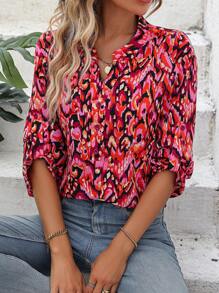Chiquease Allover Print Roll Tab Sleeve Blouse - Multicolor - View 1