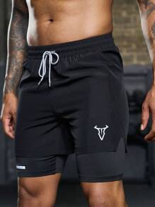 Manfinity Running Boyfriend Style Men Letter Graphic Drawstring Waist Slant Pocket Sports Shorts Gym Shorts Jogger Shorts Sweat Pants Black Shorts - Black - View 1