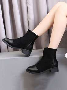 女士时尚秋季靴子，前拉链摩托车低跟踝靴，冬季平底鞋，优雅 - 黑色 - 查看 2