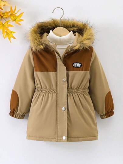 男童单件字母拼接毛绒装饰连帽保暖衬垫外套