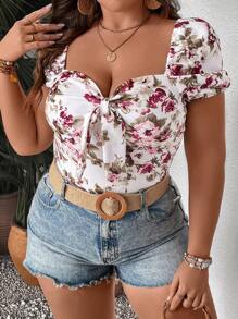 SHEIN VCAY Plus Floral Print Knot Front Summer Tee