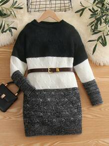 SHEIN Cô gái Tween Khối màu Thả vai Đầm Áo len Không có thắt lưng - Đen và trắng - Xem 1