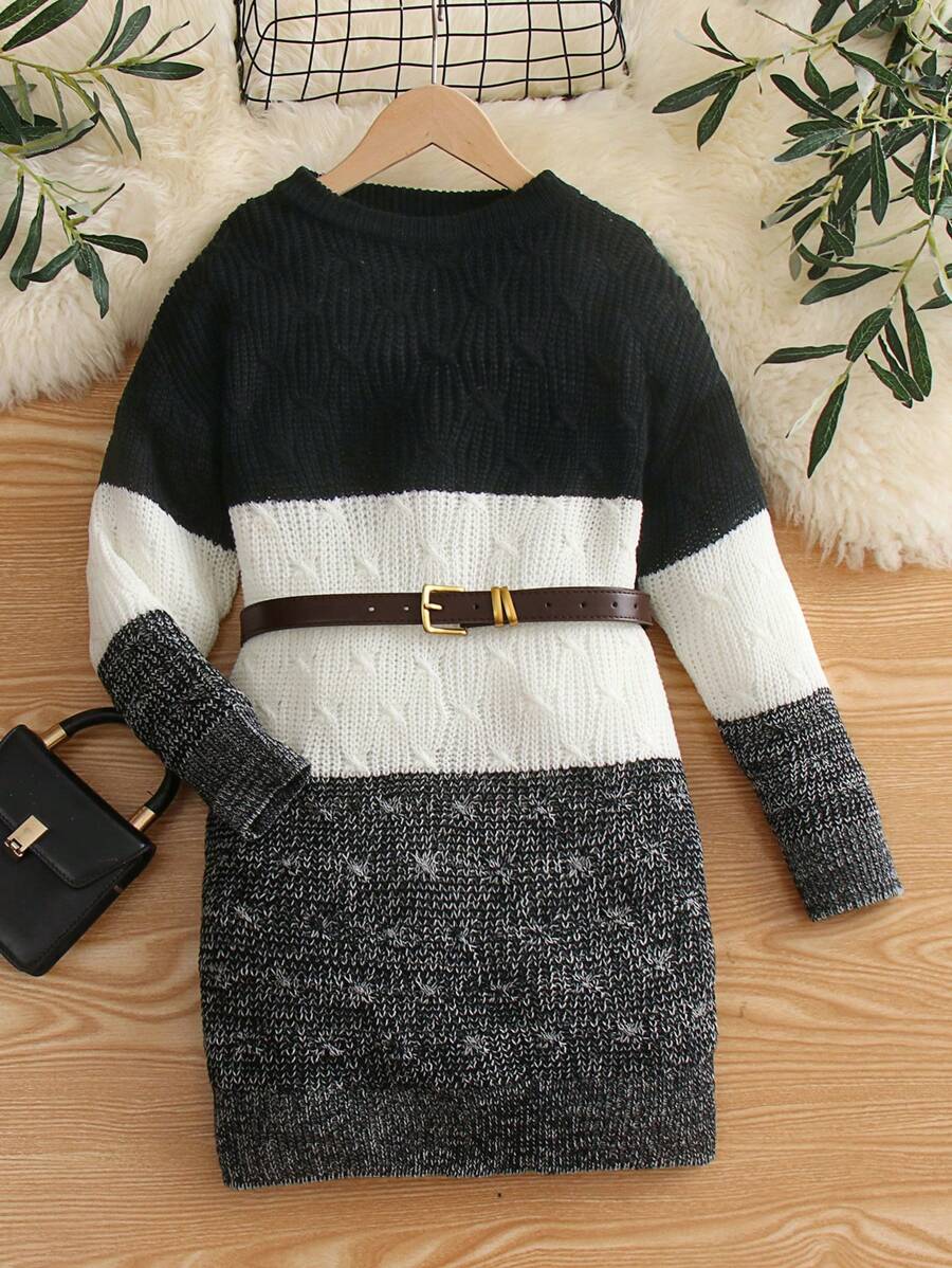 SHEIN Cô gái Tween Khối màu Thả vai Đầm Áo len Không có thắt lưng - Đen và trắng - Xem 1