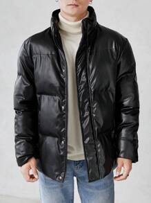 Manfinity RebelGame 宽松男式拉链 PU 皮革加厚外套 - 黑色 - 查看 1