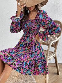 SHEIN VCAY Allover Floral Print Flare Sleeve Ruffle Hem Dress - Multicolor - View 1