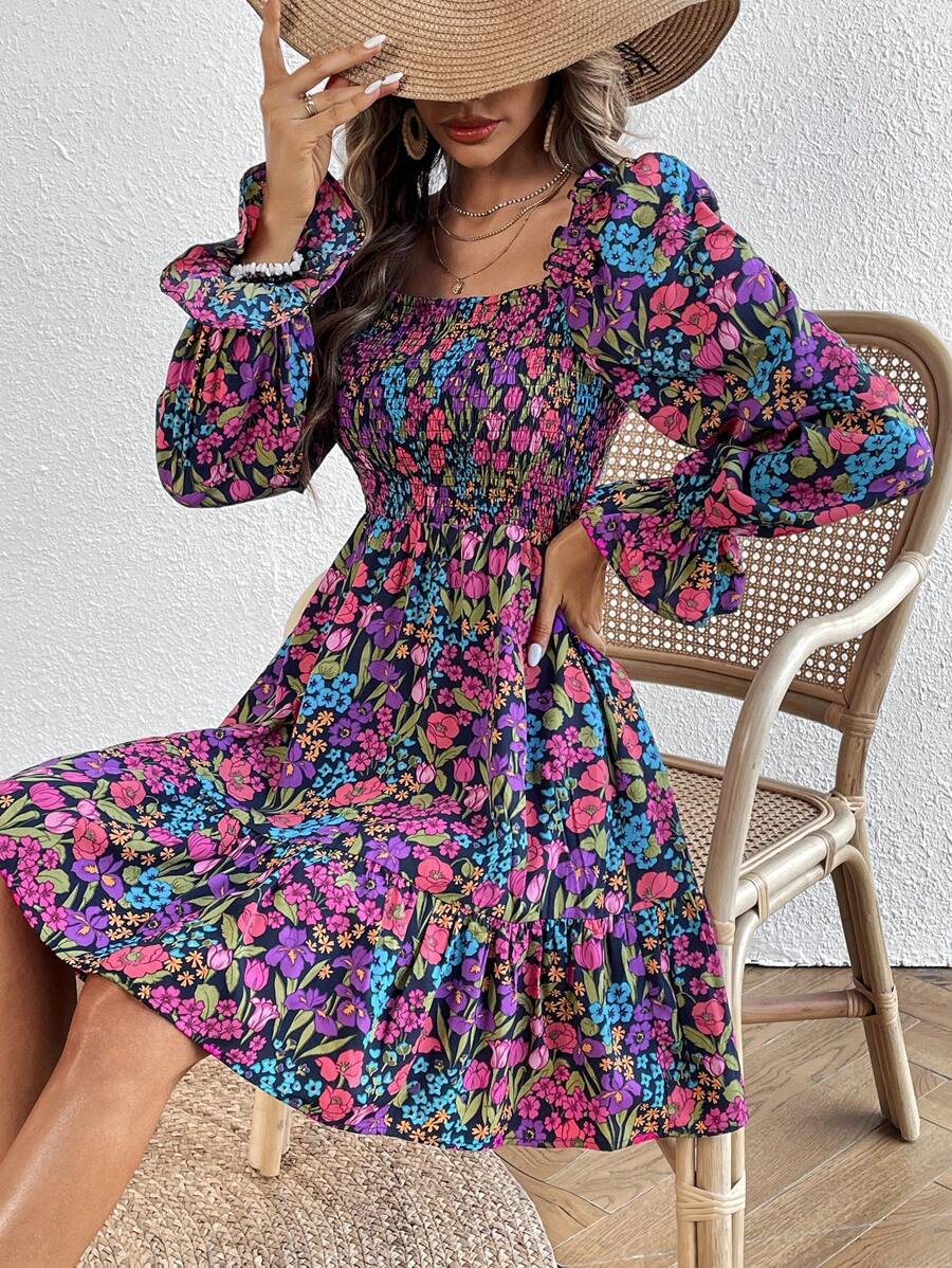 SHEIN VCAY Allover Floral Print Flare Sleeve Ruffle Hem Dress - Multicolor - View 1
