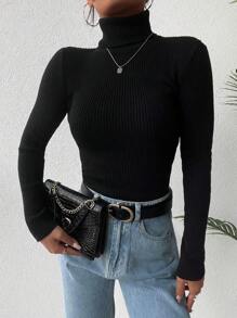 RueChic Turtleneck Ribbed Knit Sweater - Black - View 1