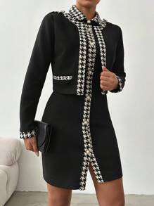 RueChic Houndstooth Print Button Front Jacket & Bodycon Dress - Black and White - View 5