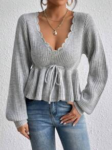 SHEIN MOD 秋冬扇贝边灯笼袖前结荷叶边毛衣 - 灰色 - 查看 6