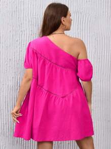 SHEIN Privé Plus Asymmetrical Neck Puff Sleeve Smock Dress - Hot Pink - View 2