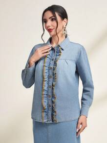 SHEIN Privé Ruffle Trim Button Front Denim Shirt - Blue - View 1
