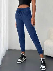 EURMUSE Flap Pocket Side Drawstring Waist Sweatpants - Navy Blue - View 3