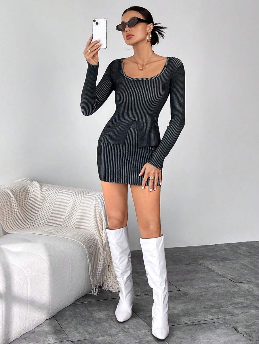 SHEIN Essnce Scoop Neck Ribbed Knit Sweater & Knit Skirt - Dark Grey - View 1