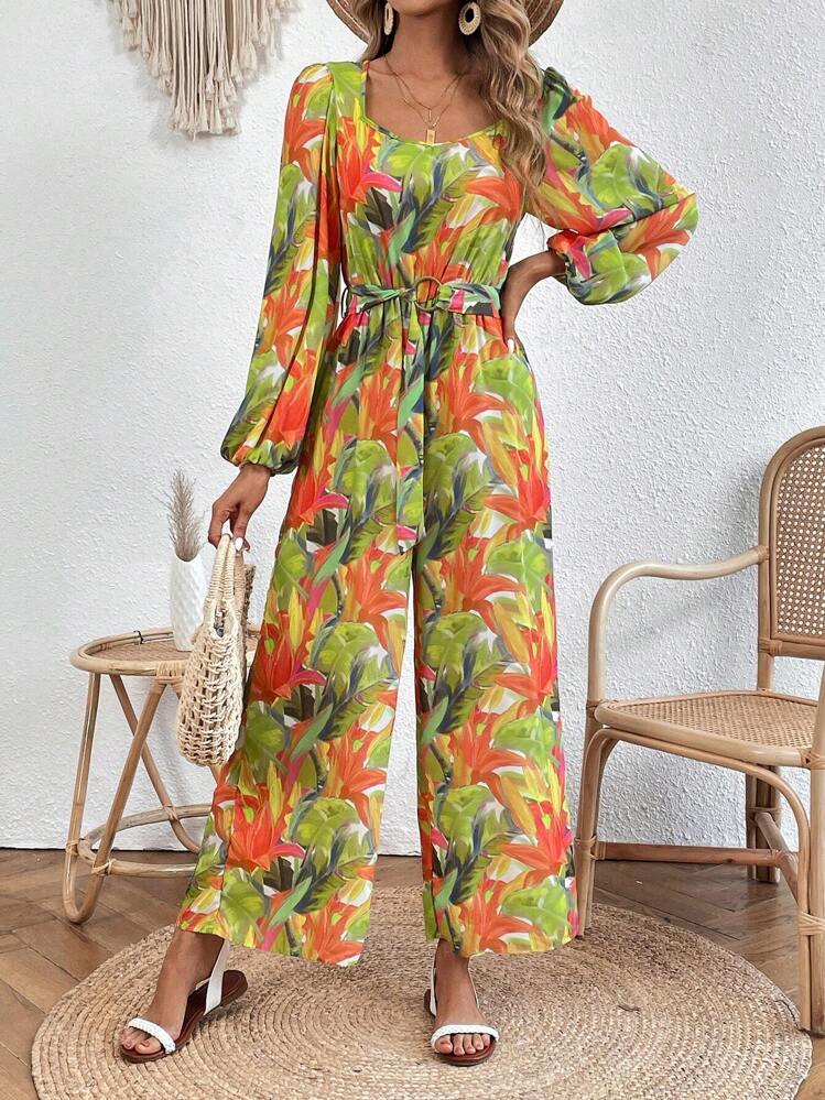 SHEIN VCAY סרבל חגורת סרבל עם שרוול פנס טרופי בהדפס טרופי - ריבוי צבעים - ראה 3