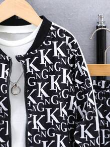 SHEIN 男小童字母圖案飛行員夾克和運動褲不帶T恤 - 黑與白 - 查看 6