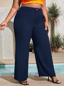 SHEIN Essnce Plus Wide Leg Pants - Navy Blue - View 1