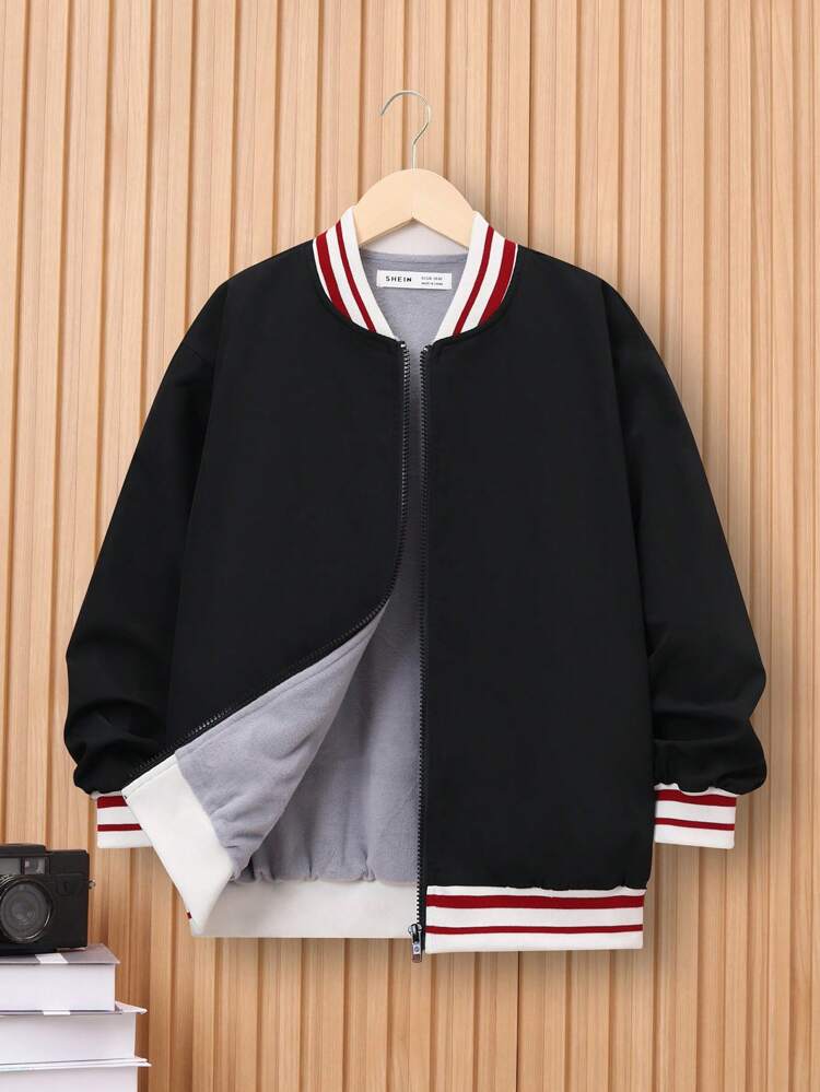 Tween Boy Slogan & Cartoon Graphic Striped Trim Drop Shoulder Jacket