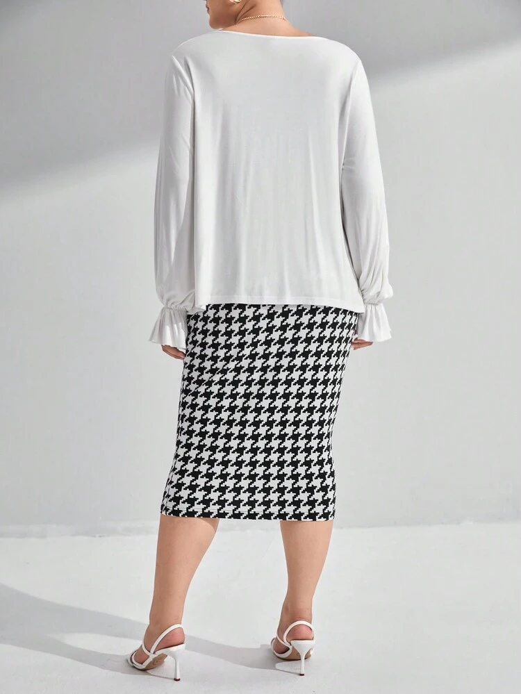 Plus Draped Collar Flare Sleeve Top & Houndstooth Print Skirt