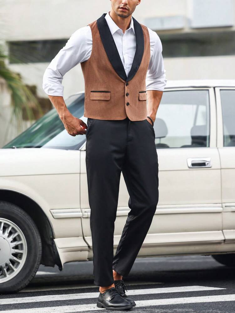 Men Contrast Panel Shawl Collar Blazer Vest & Suit Pants