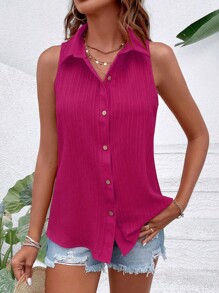 Breezaya Chất rắn Nút phía trước Không tay Áo sơ mi - Màu Hồng Tươi - Xem 4