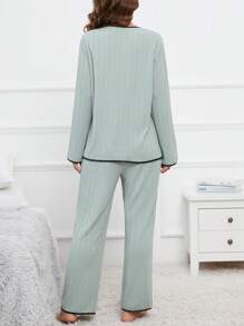 SHEIN Maternity Contrast Binding Button Front Lounge Set - Green - View 2