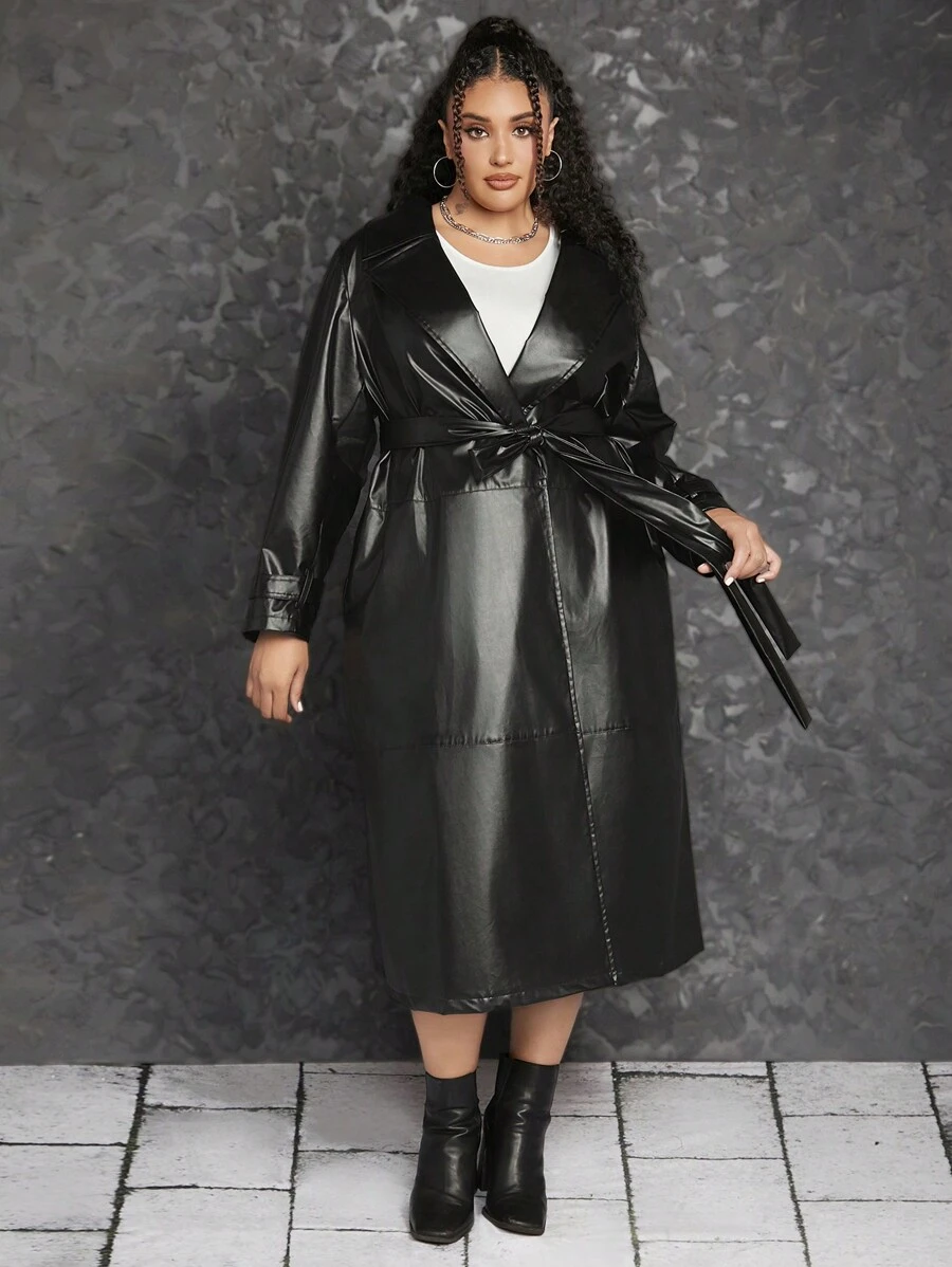 SHEIN CURVE+ Hơn Cổ áo Thắt lưng chất liệu da PU Áo khoác Trench - màu đen - Xem 1