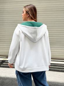 Flirla Áo nỉ dáng rộng, có khóa kéo, dây rút, in chữ, kiểu vai rớt - trắng - Xem 2