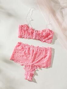 SHEIN Set De lencería con aros de encaje floral - Rosa - Ver 2