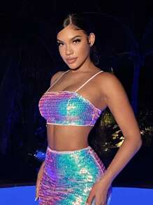 SHEIN SXY Holographic Sequin Cami Top & Pencil Skirt - Multicolor - View 3