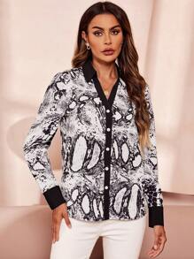 SHEIN Clasi Snakeskin Print Button Front Shirt - Multicolor - View 3