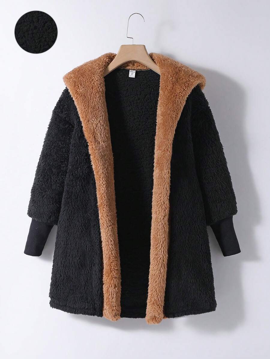 SHEIN Áo khoác Teddy có mũ trùm đầu Tween Girl hai tông màu 2 trong 1 - màu đen - Xem 1