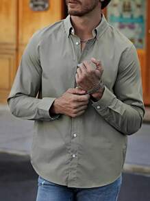 Men's Solid Color Long Sleeve Casual Shirt, Autumn - Mint Green - View 2