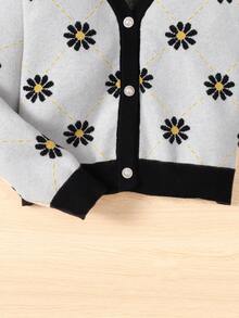 SHEIN Cô gái Tween Mô hình hoa Tương phản ràng buộc Nút phía trước Áo len Mở - Nhiều màu - Xem 6