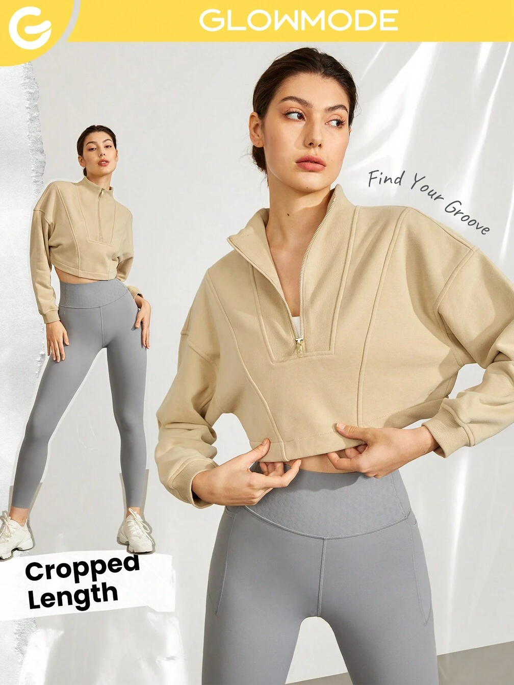 French Terry Relaxed Comfortable Half Zip Crop Pullover｜Glowmode