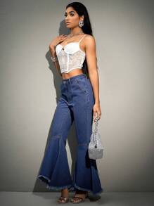 SHEIN BAE 毛邊下擺喇叭牛仔褲