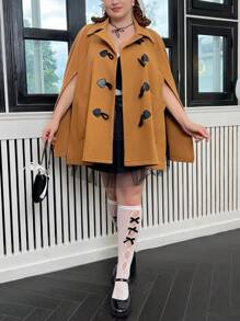 Flirla Plus Cloak Sleeve Duffle Cape Overcoat - Khaki - View 5