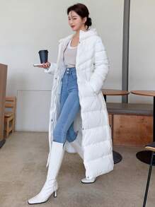 DAZY 女士休闲连帽拉链外套，带腰带，纽扣前襟，口袋，常规袖子，宽松白色纯色女式冬季外套，秋冬季保暖时尚，女士冬季外套 - 白色 - 查看 5