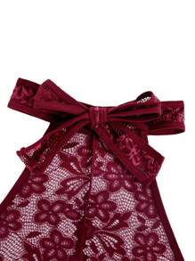 Floral Lace Scallop Trim Crotchless Teddy Bodysuit Lingerie - Burgundy - View 3