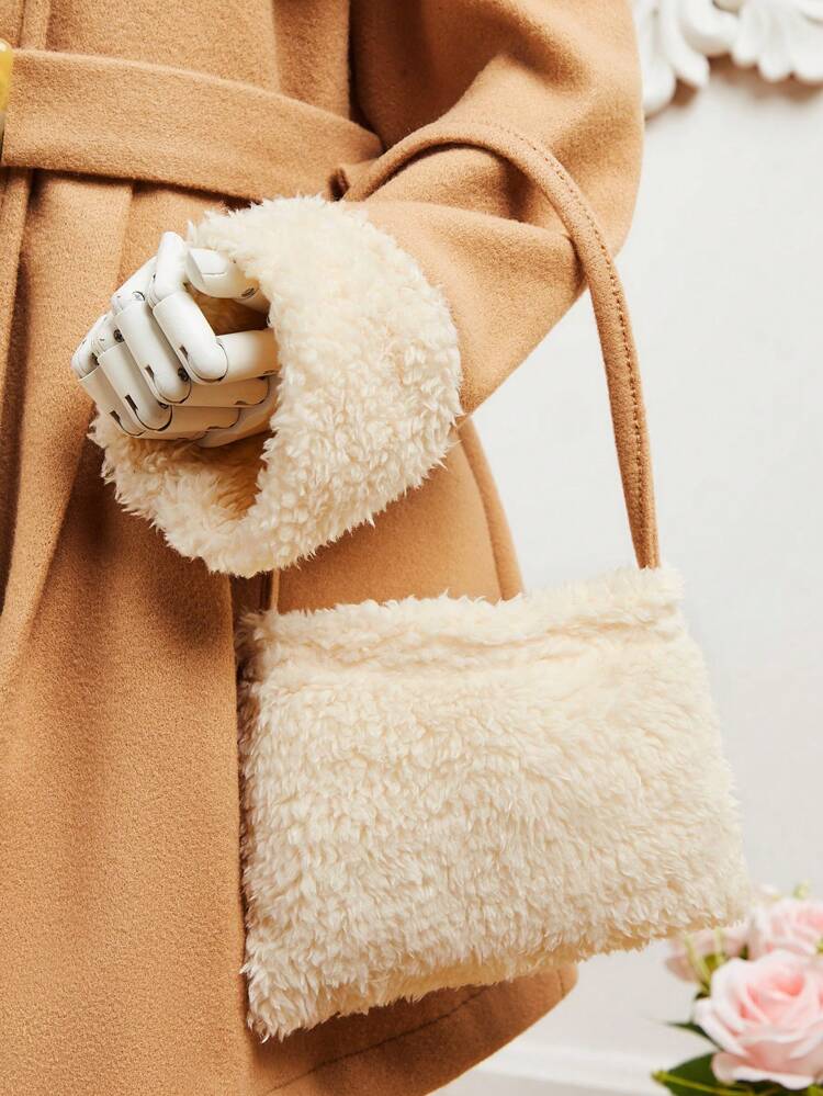 Young Girl 1pc Contrast Borg Collar Belted Overcoat & Bag