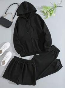SHEIN EZwear 拉鏈開襟抽繩加絨內裏連帽衫和運動褲和短褲 - 黑色 - 查看 1
