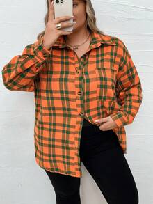 SHEIN CURVE+ 大碼格紋印花落肩袖襯衫 - 橘色 - 查看 7