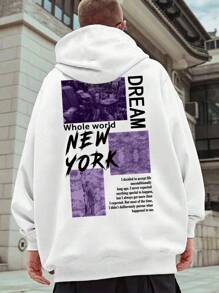 男士標語圖案抽繩連帽衫 - 白色 - 查看 1