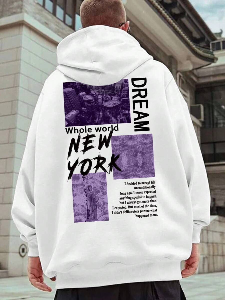 男士標語圖案抽繩連帽衫 - 白色 - 查看 1